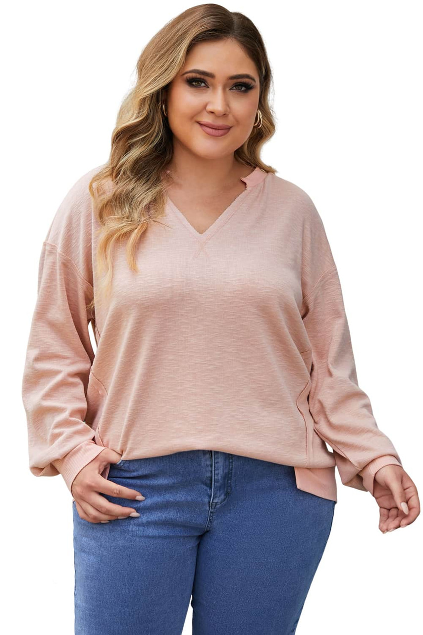 Pink Raw Cut Notched Neck Plus Size French Terry Hoodie