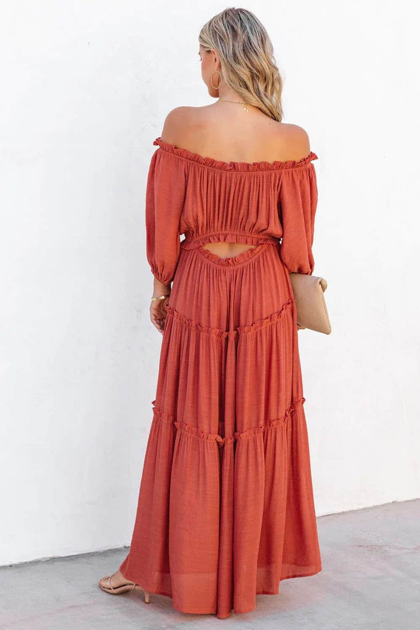 Orange Off Shoulder Balloon Sleeve Cutout Ruffled Maxi Dress Orange Off Shoulder Balloon Sleeve Cutout Ruffled Maxi Dress