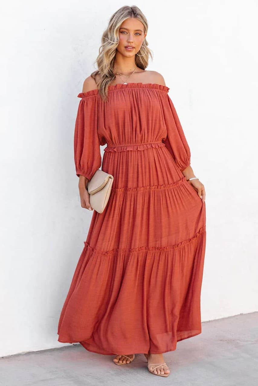 Orange Off Shoulder Balloon Sleeve Cutout Ruffled Maxi Dress Orange Off Shoulder Balloon Sleeve Cutout Ruffled Maxi Dress