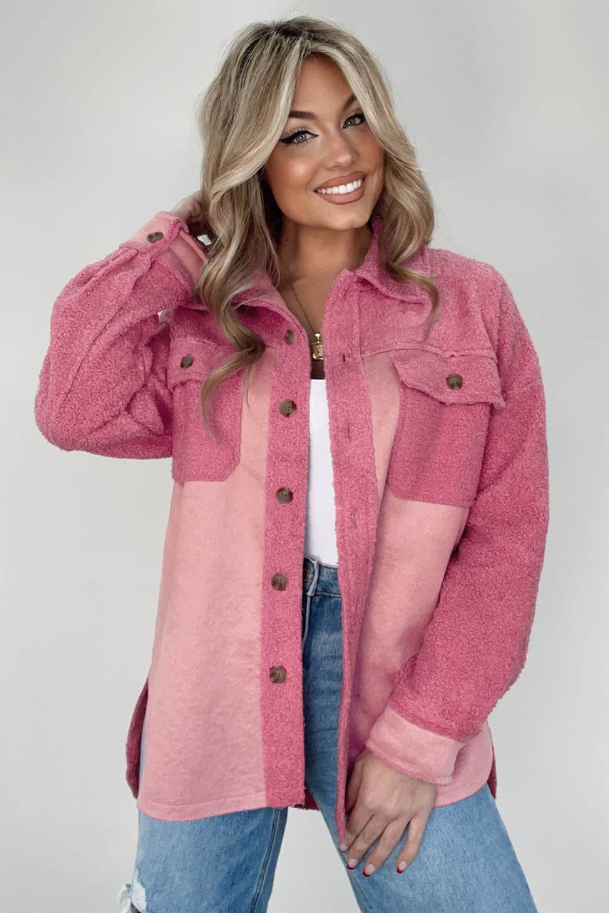 Pink Colorblock Buttoned Flap Pocket Sherpa Shacket