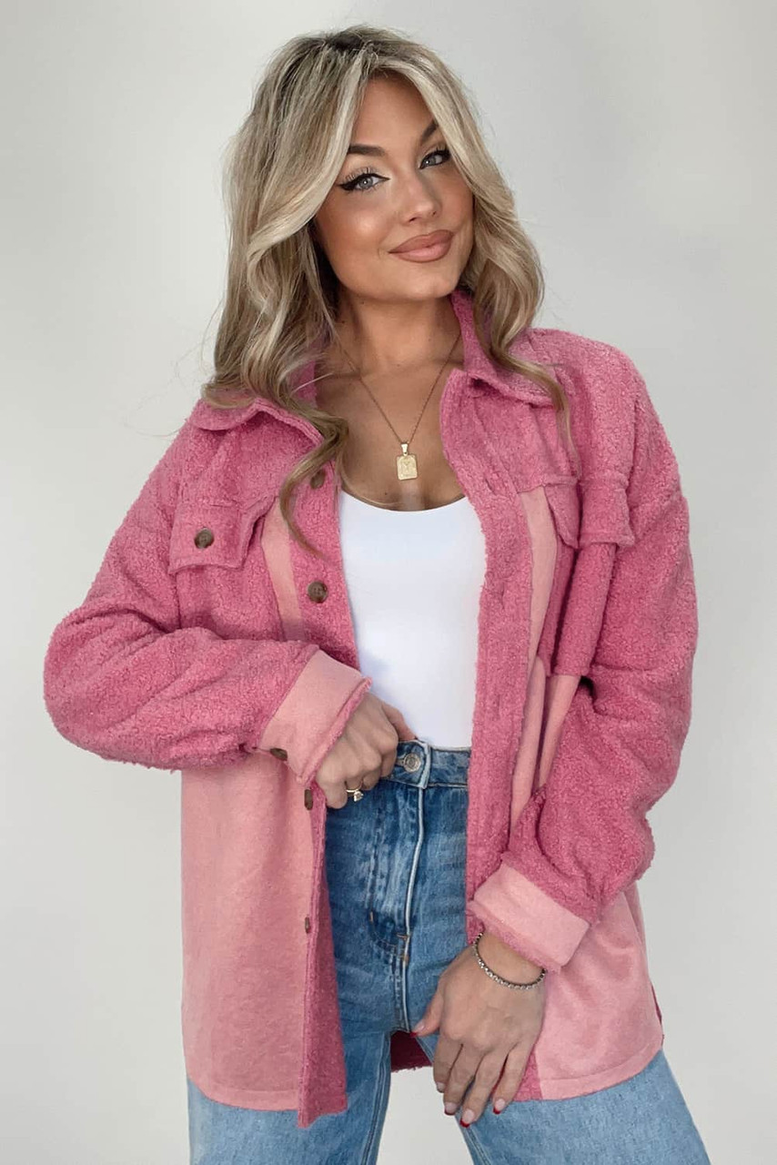 Pink Colorblock Buttoned Flap Pocket Sherpa Shacket