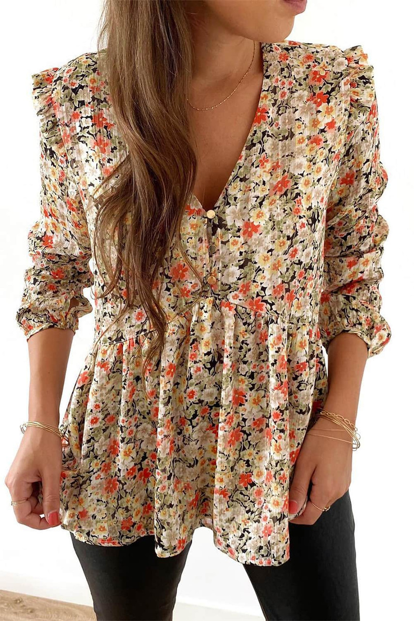 Khaki V Neck Ruffled Babydoll Floral Blouse Khaki V Neck Ruffled Babydoll Floral Blouse