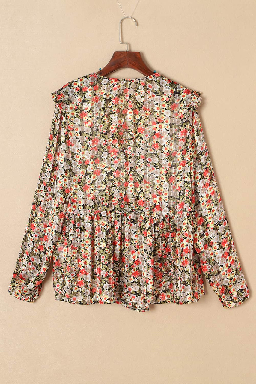 Khaki V Neck Ruffled Babydoll Floral Blouse Khaki V Neck Ruffled Babydoll Floral Blouse