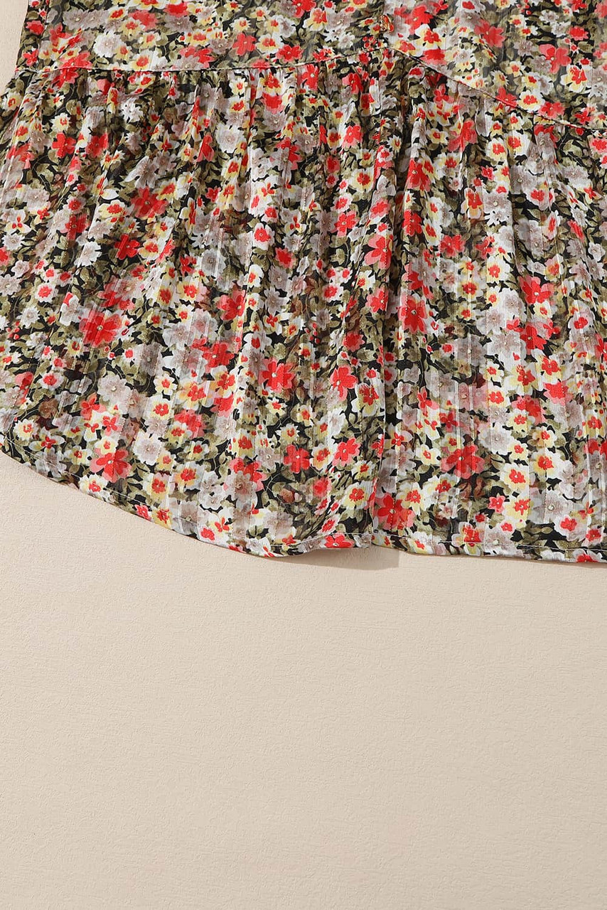 Khaki V Neck Ruffled Babydoll Floral Blouse Khaki V Neck Ruffled Babydoll Floral Blouse