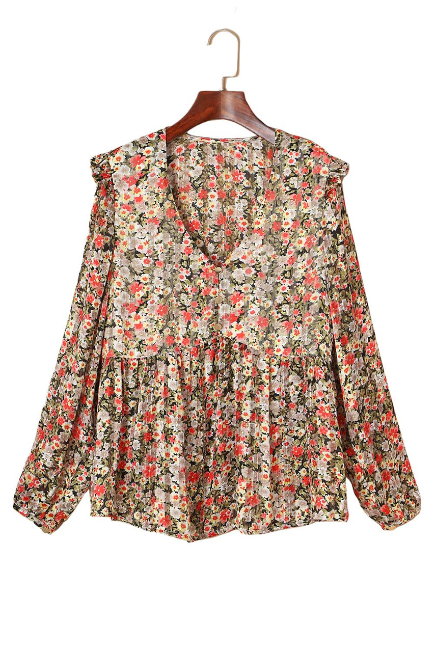 Khaki V Neck Ruffled Babydoll Floral Blouse Khaki V Neck Ruffled Babydoll Floral Blouse