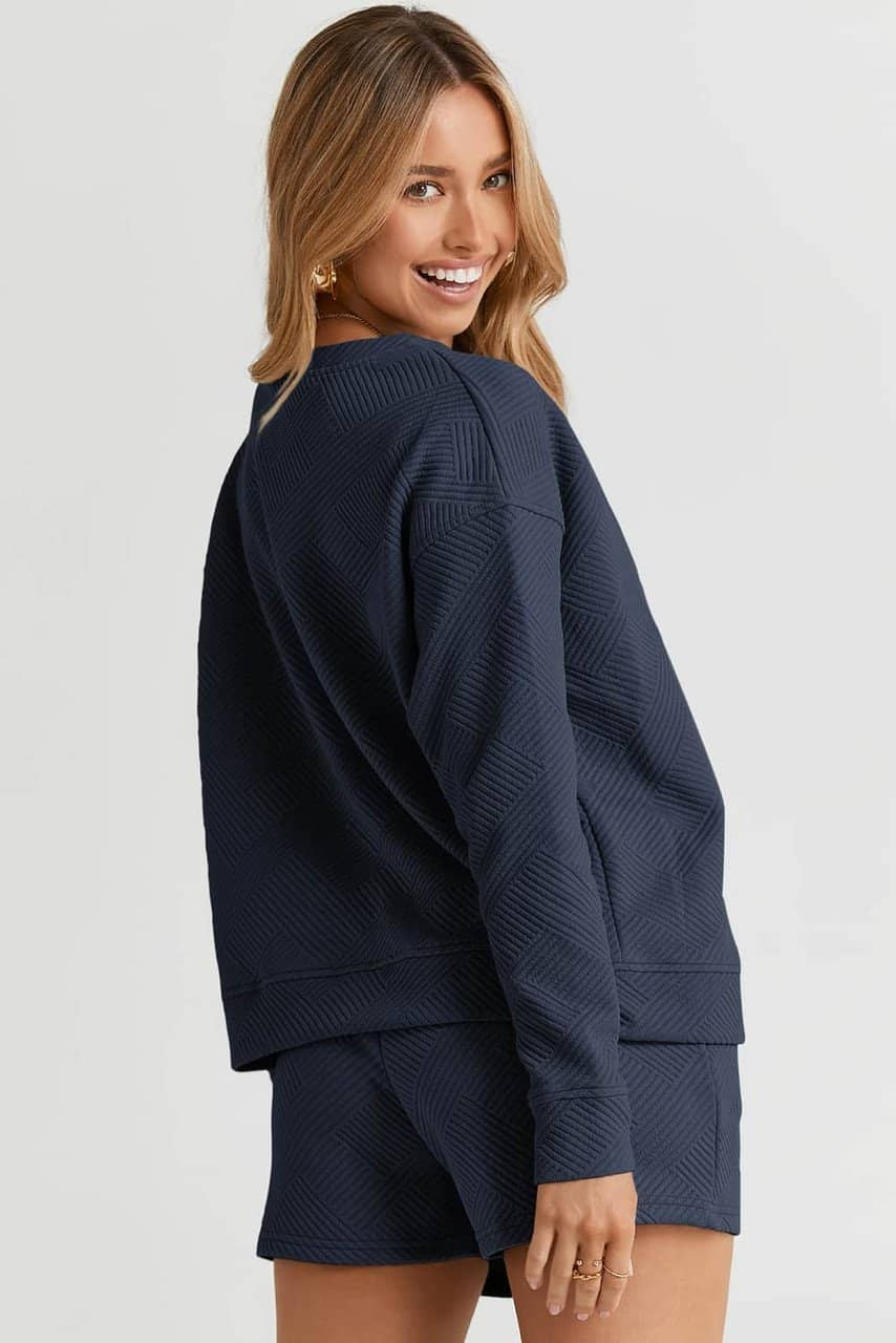 Navy Blue Textured Long Sleeve Top and Drawstring Shorts Set Navy Blue Textured Long Sleeve Top and Drawstring Shorts Set