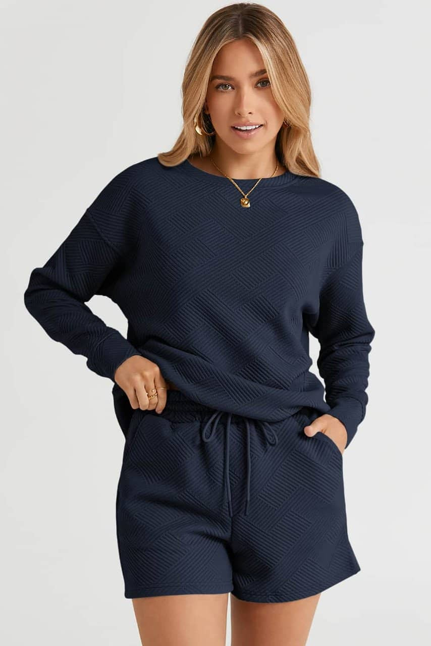 Navy Blue Textured Long Sleeve Top and Drawstring Shorts Set Navy Blue Textured Long Sleeve Top and Drawstring Shorts Set