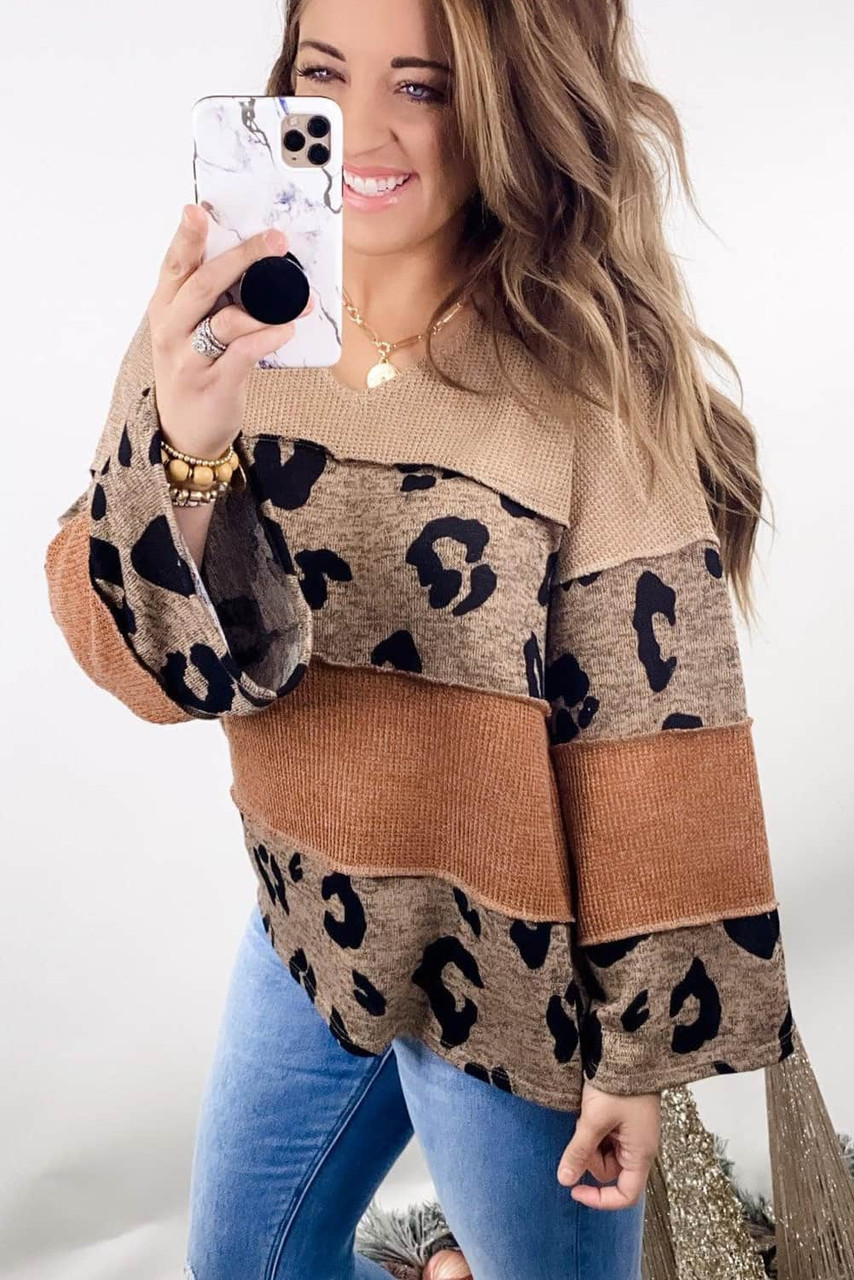 Leopard Colorblock Patchwork V-Neck Loose Sleeve Knit Top