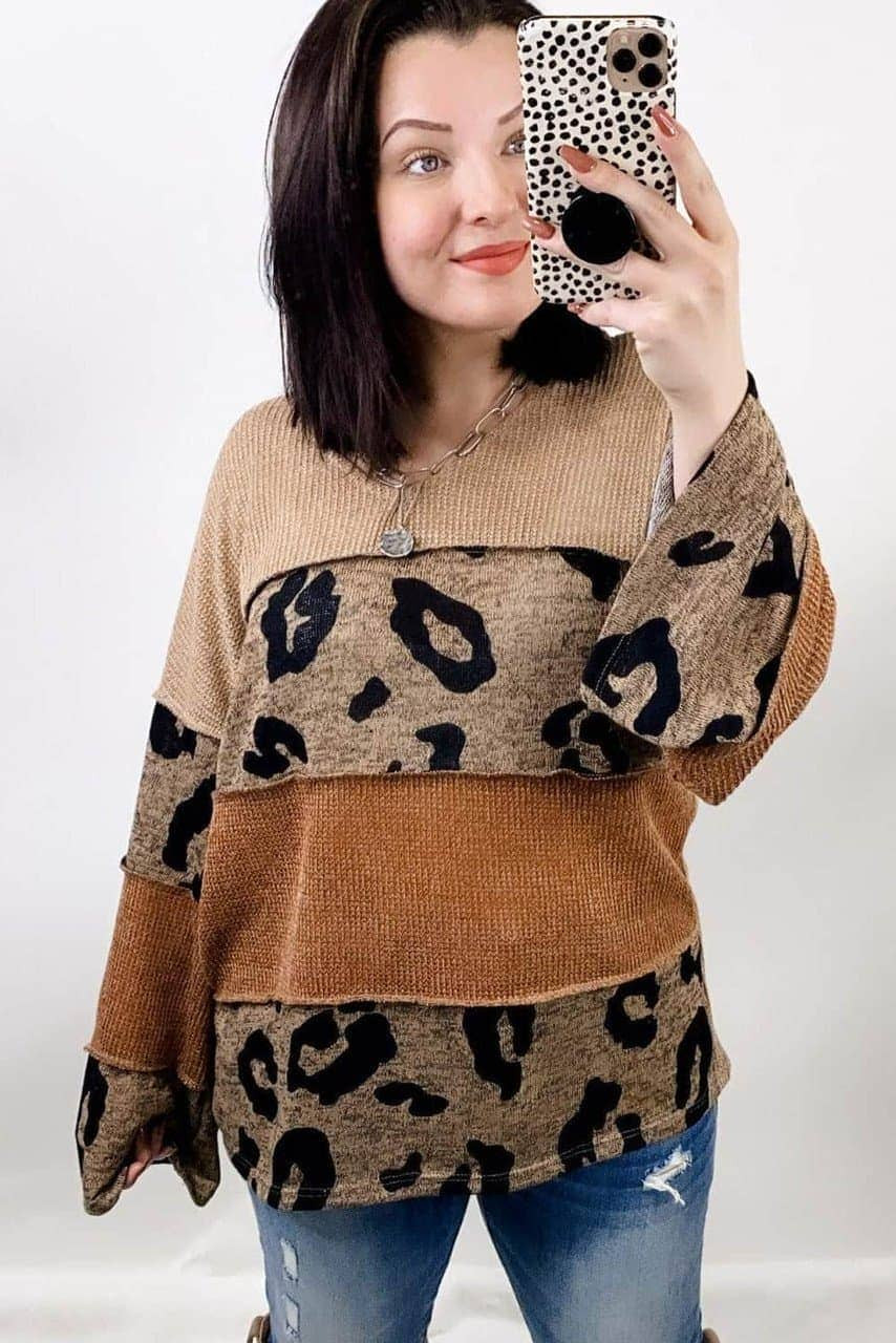 Leopard Colorblock Patchwork V-Neck Loose Sleeve Knit Top
