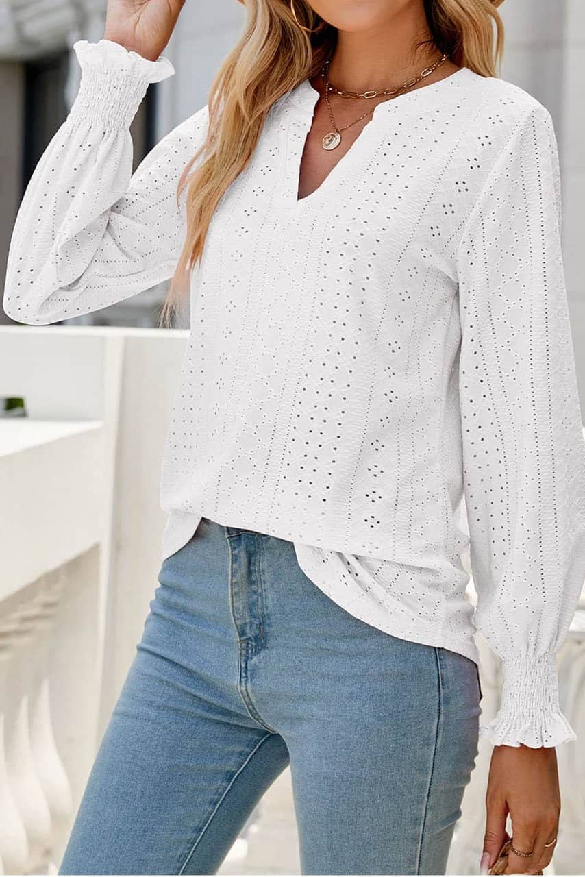 White Split Neck Textured Loose Blouse White Split Neck Textured Loose Blouse