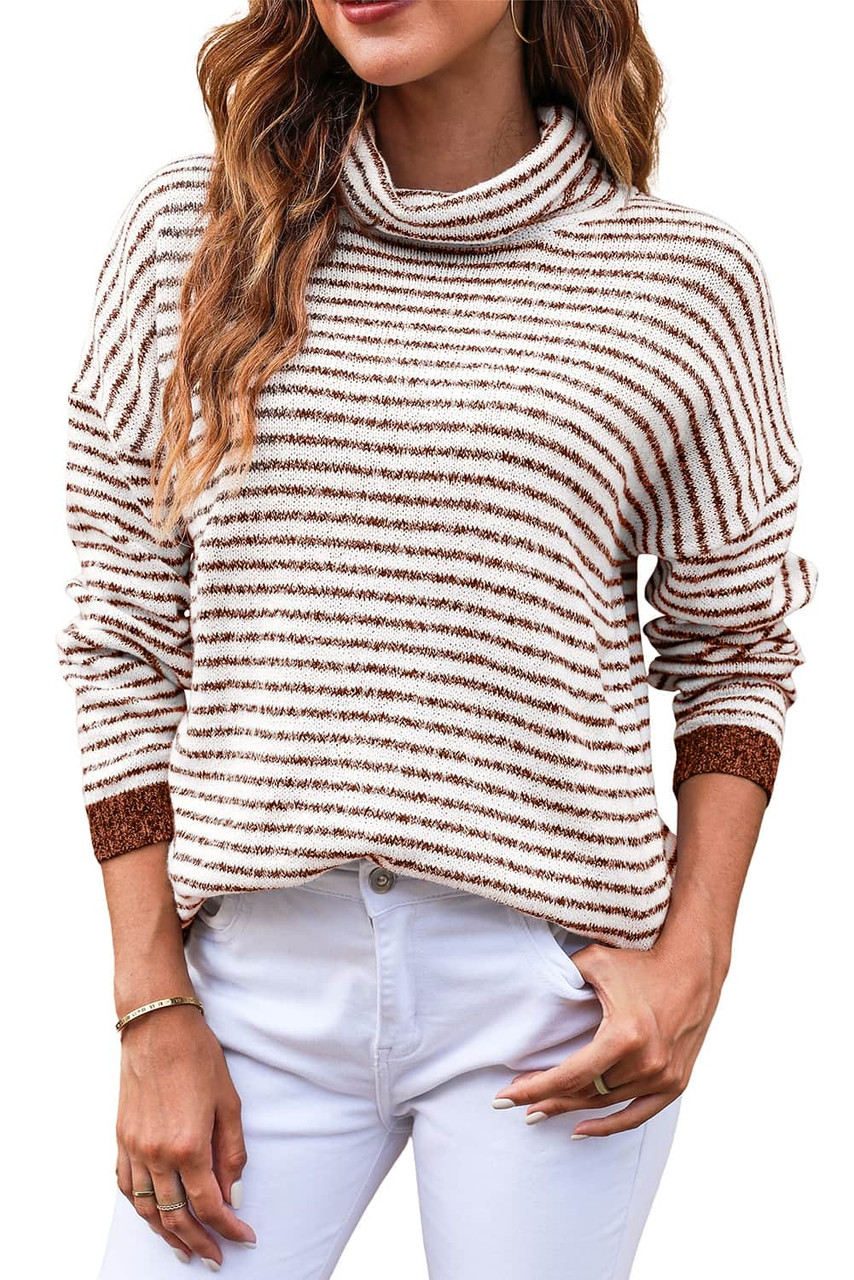 Brown Striped Turtleneck Loose Sweater