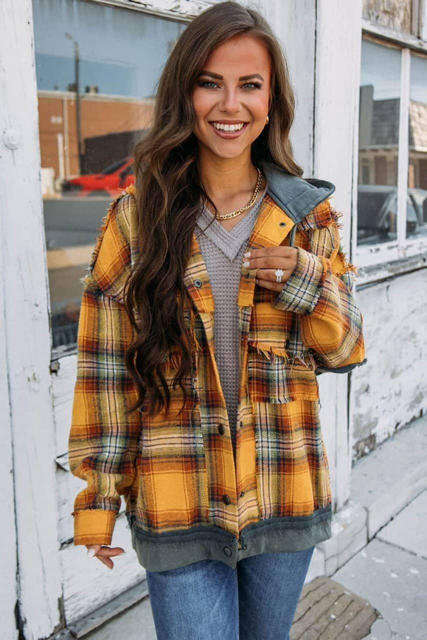 Orange Plaid Patch Hooded Frayed Snap Button Jacket Orange Plaid Patch Hooded Frayed Snap Button Jacket