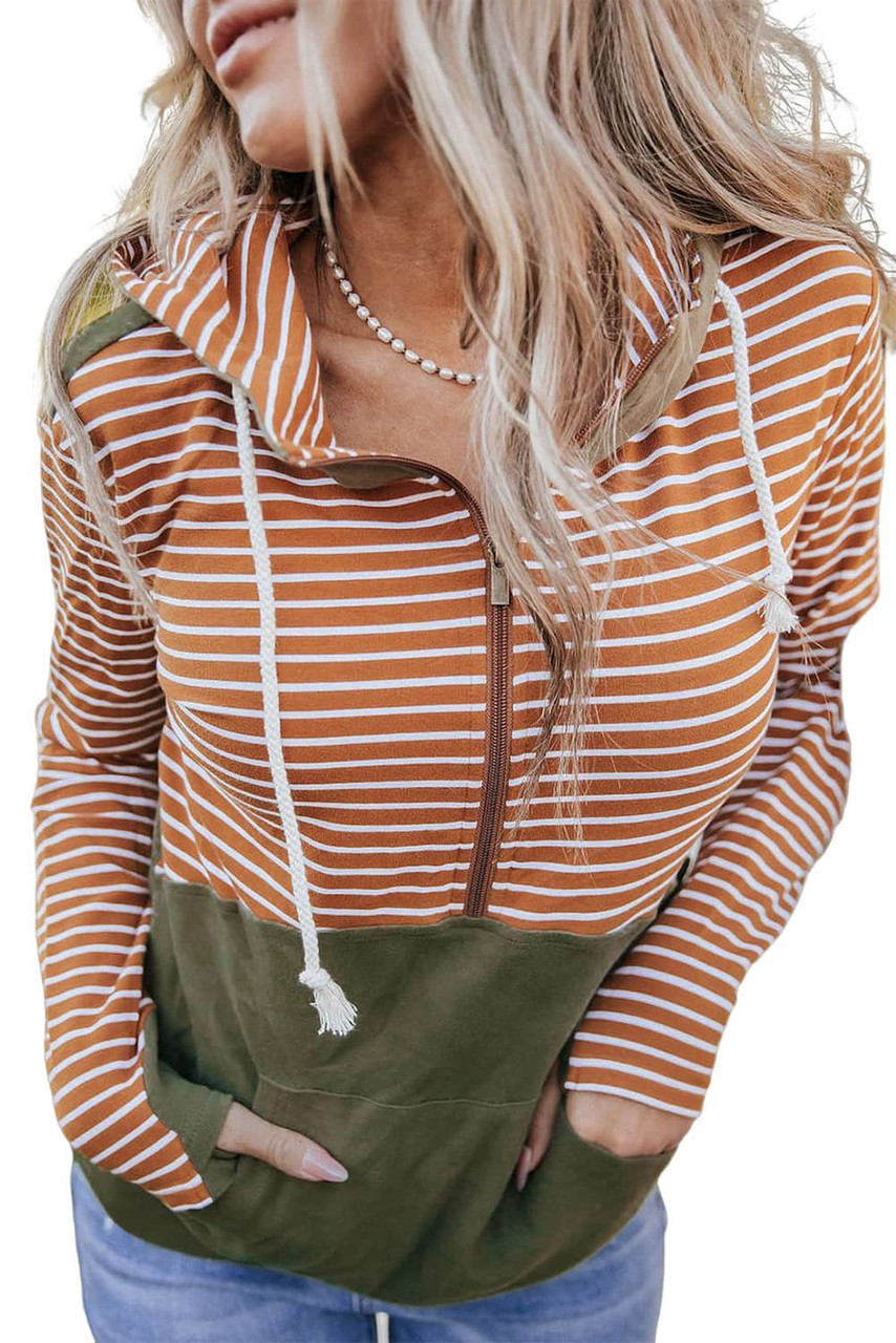 Orange Striped Color Block Patchwork Thumbhole Sleeve Hoodie