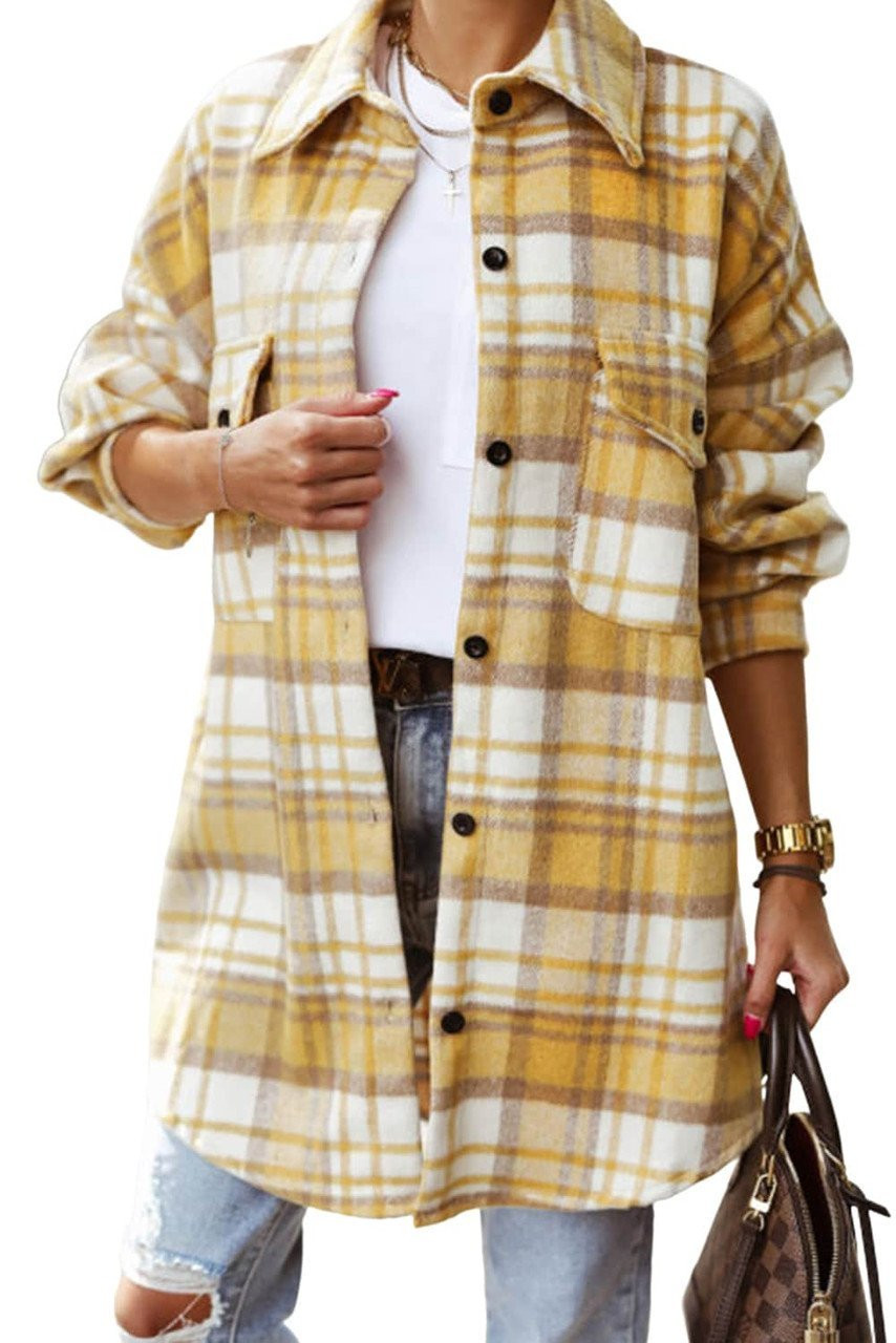 Yellow Plaid Flap Pocket Long Sleeve Shacket