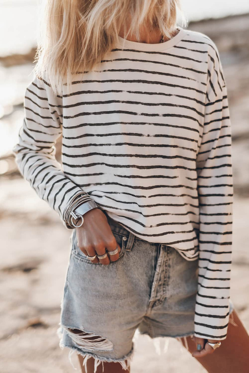 White Retro Striped Casual Long Sleeve Top