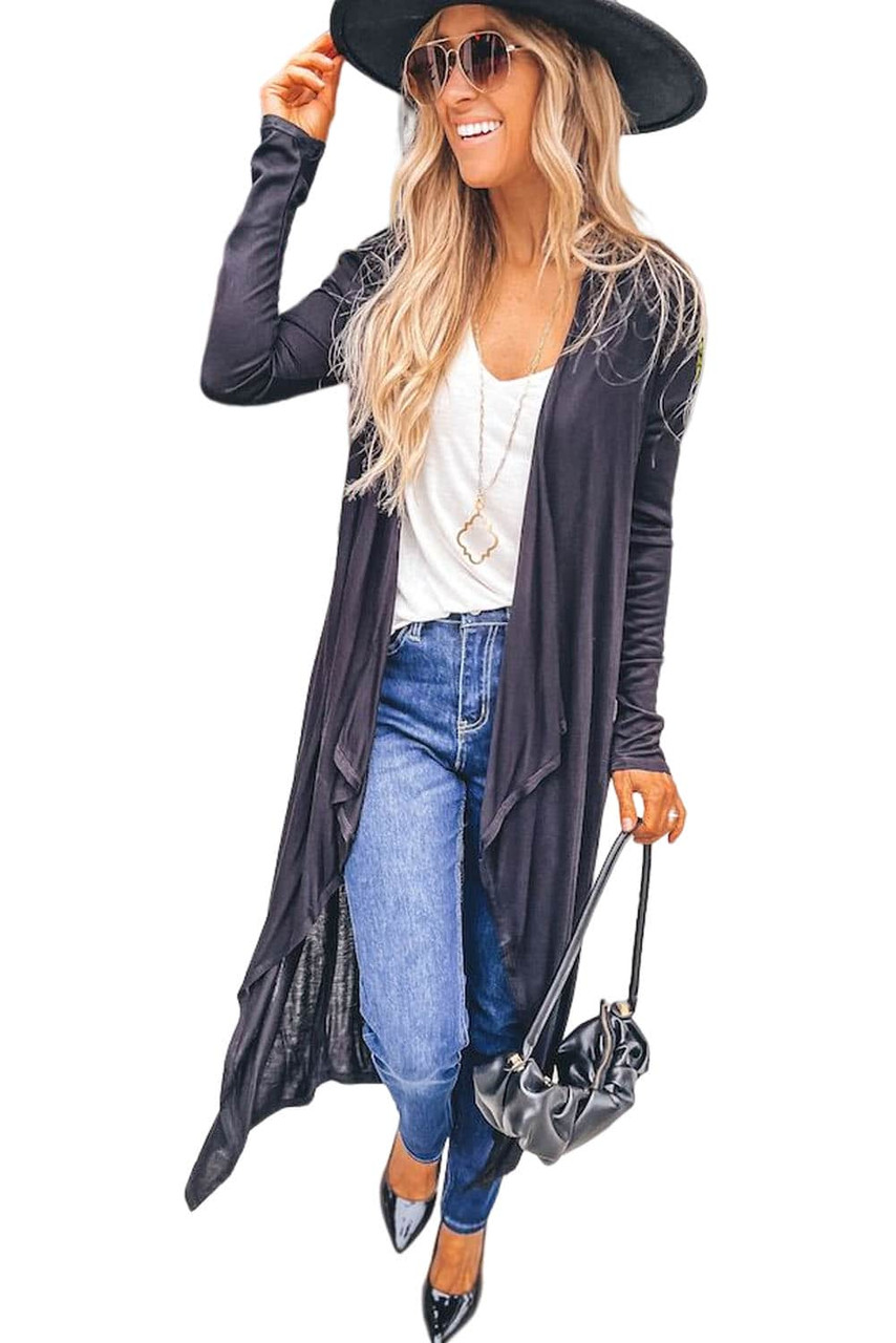 Black Draped Open Front Long Cardigan