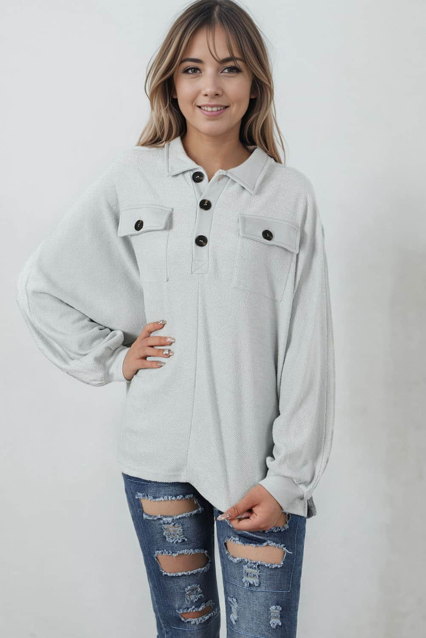 Gray Oversized Flap Pockets Button Collared Sweatshirt