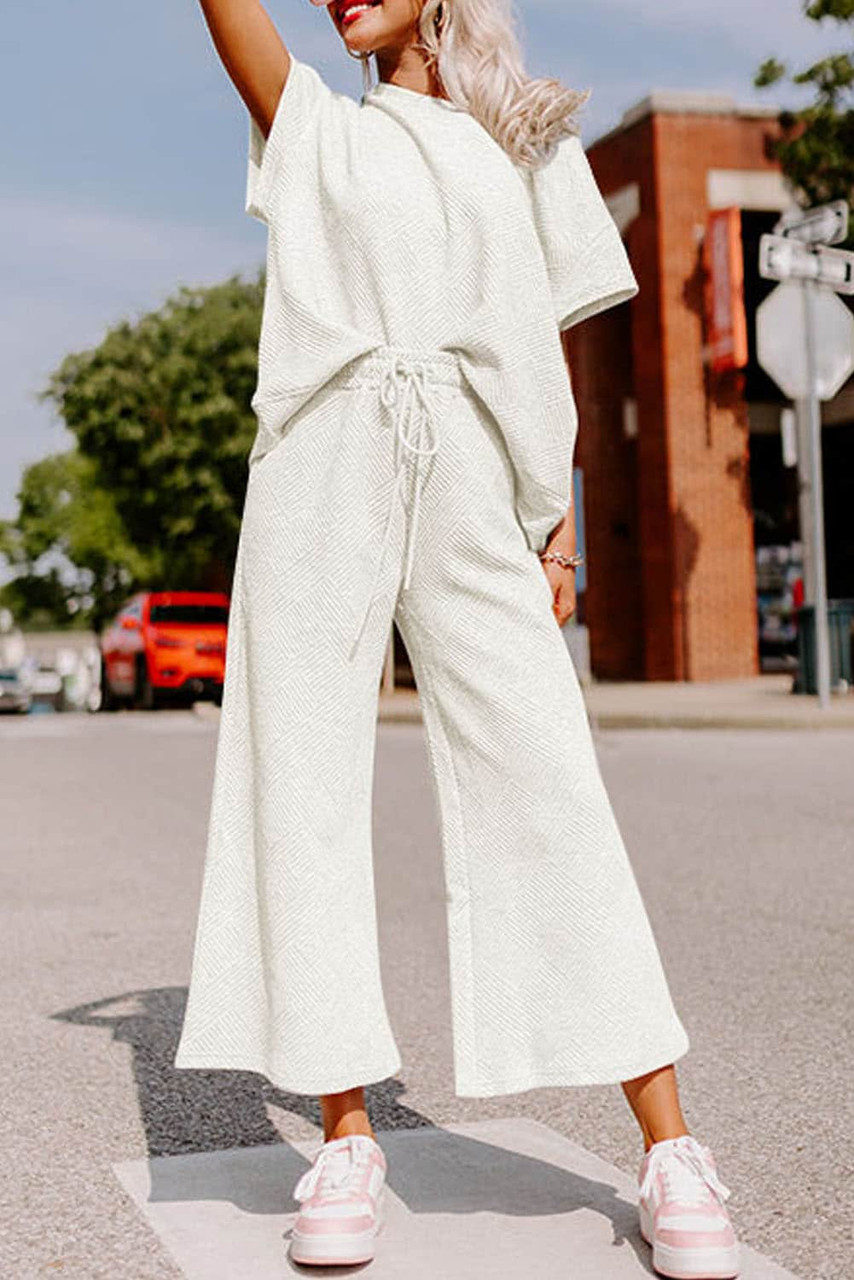 Bright White Textured Loose Fit T Shirt and Drawstring Pants Set