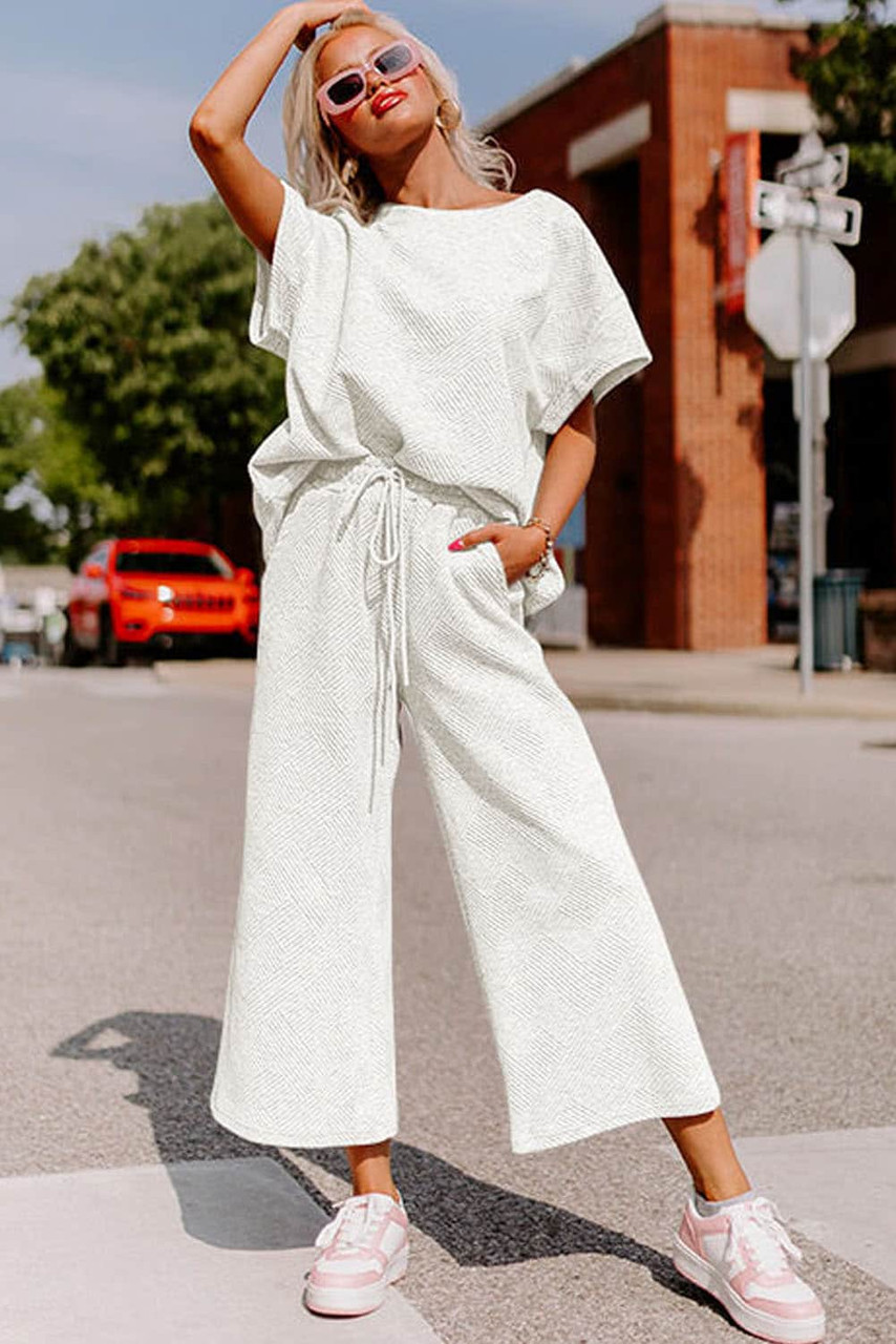 Bright White Textured Loose Fit T Shirt and Drawstring Pants Set