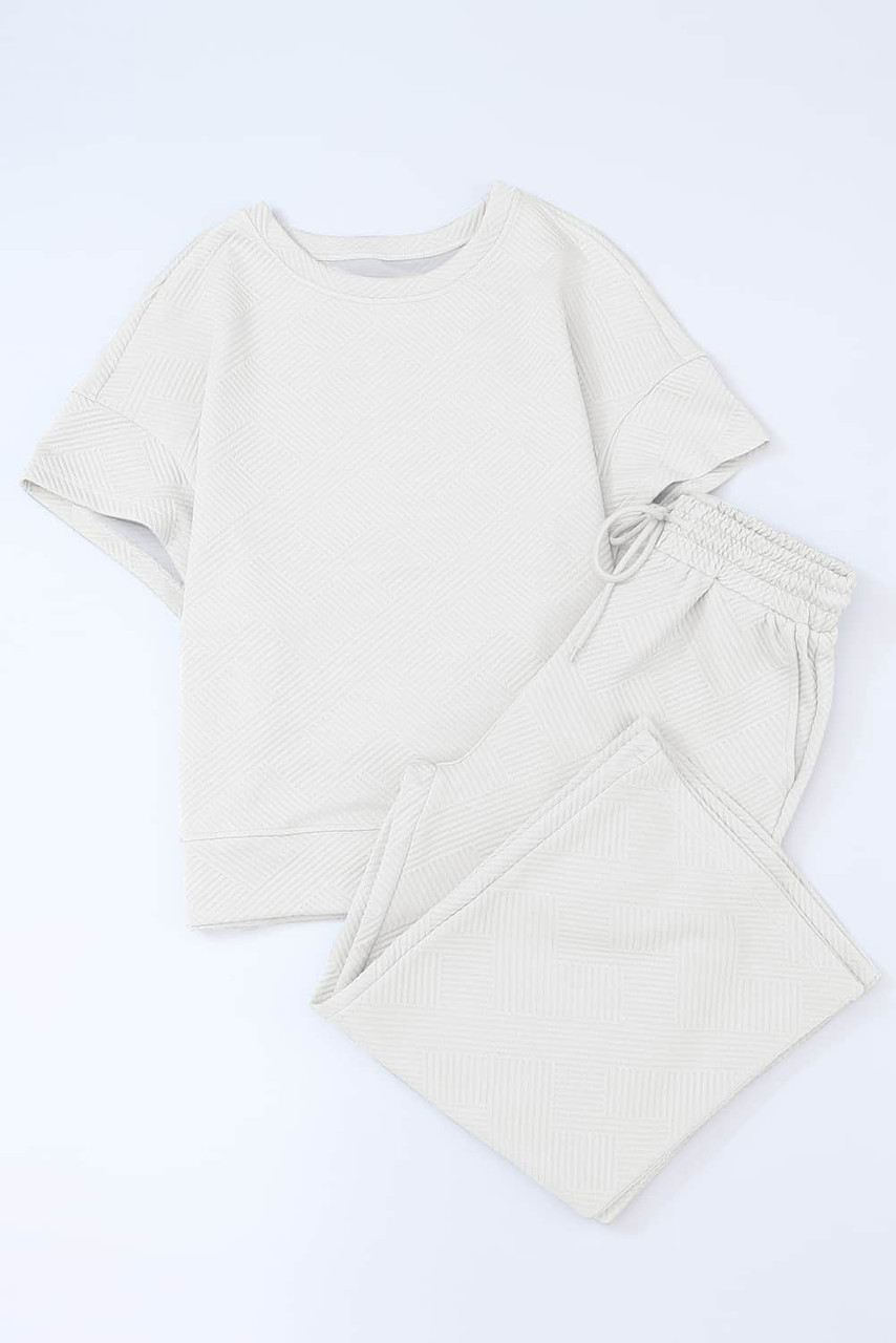 Bright White Textured Loose Fit T Shirt and Drawstring Pants Set