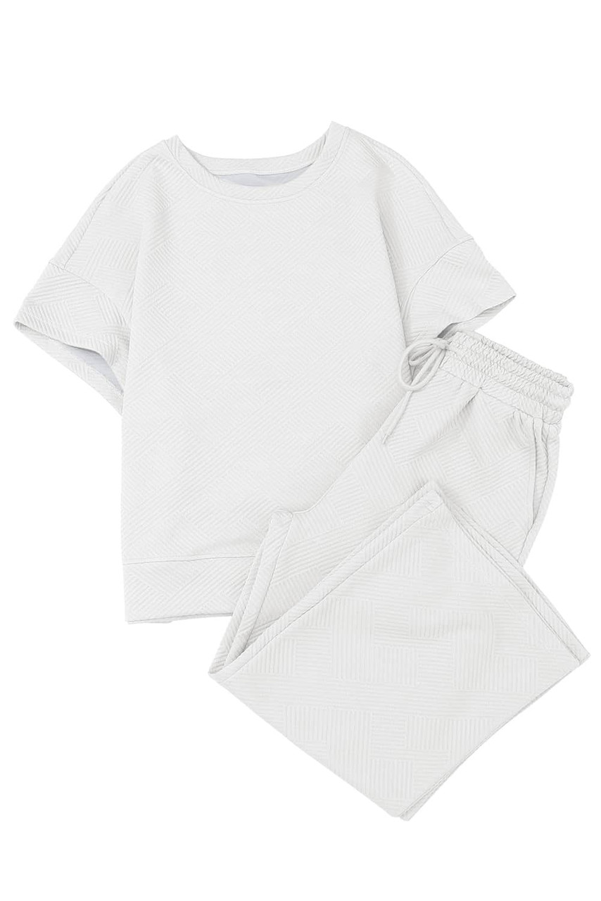 Bright White Textured Loose Fit T Shirt and Drawstring Pants Set