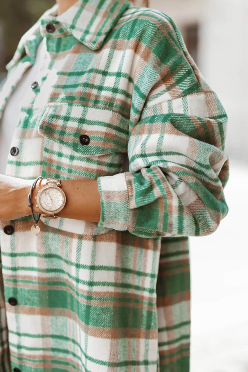 Green Plaid Flap Pocket Long Sleeve Shacket