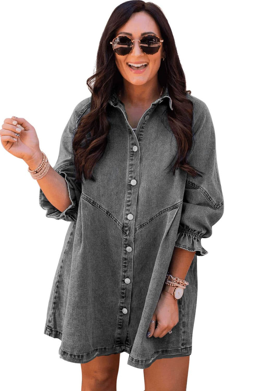 Gray Buttoned Long Sleeve Denim Mini Dress