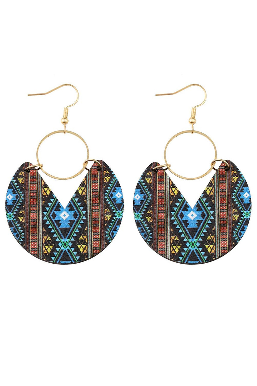 Multicolour Western Fashion Aztec Circle Wooden Earrings