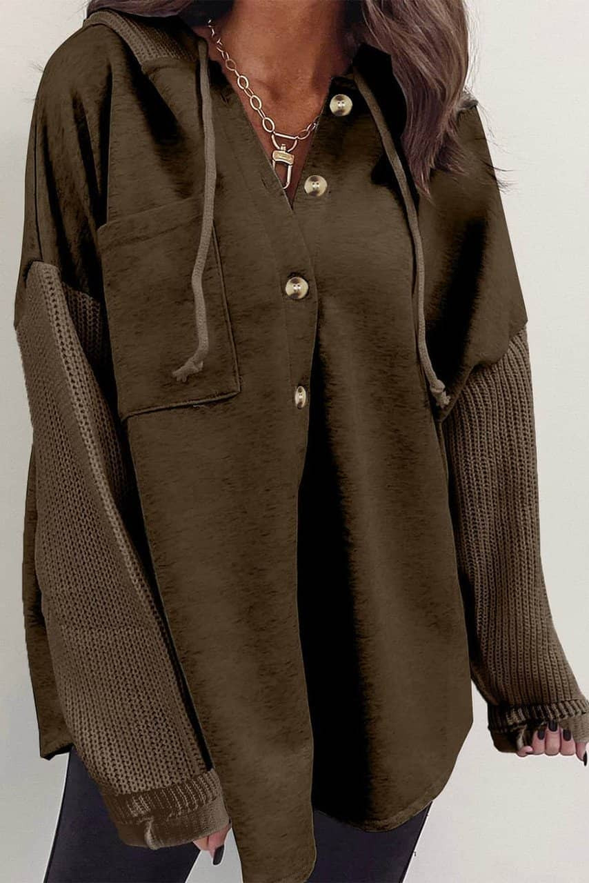 Dark Brown Button Up Contrast Knitted Sleeves Hooded Jacket Dark Brown Button Up Contrast Knitted Sleeves Hooded Jacket