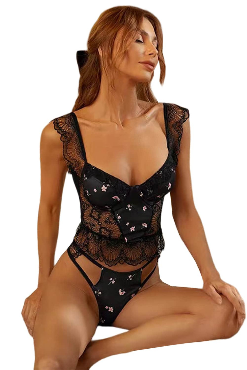 Black Floral Print Sexy Lace Ruffled Lingerie Set