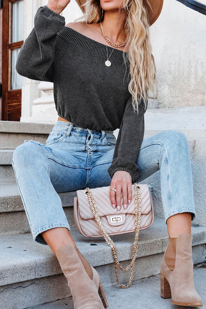 Gray Ribbed Knit Off-Shoulder Balloon Sleeve Top