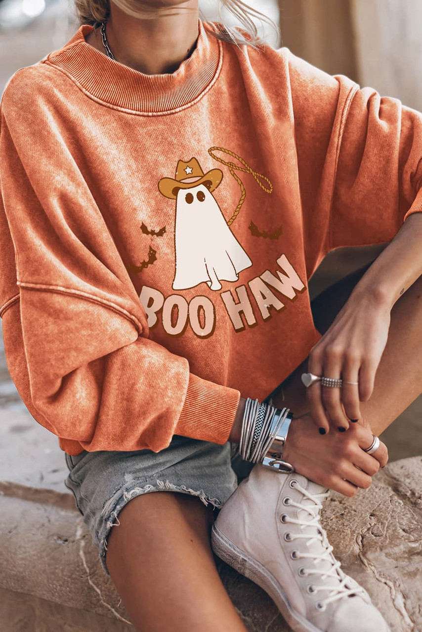 Orange BOO HAW Ghost Halloween Print Drop Sleeve Sweatshirt