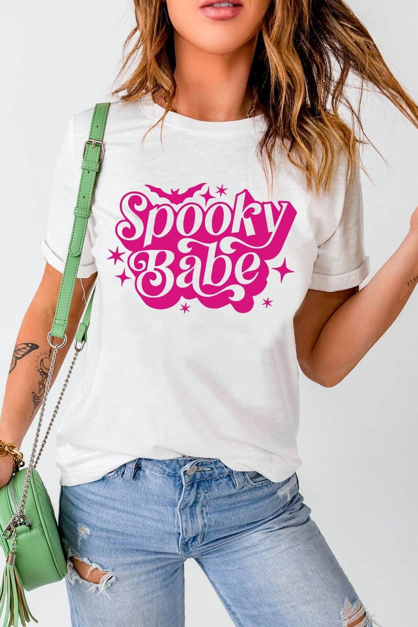 White Spooky Babe Bat Print Halloween Crewneck T Shirt White Spooky Babe Bat Print Halloween Crewneck T Shirt