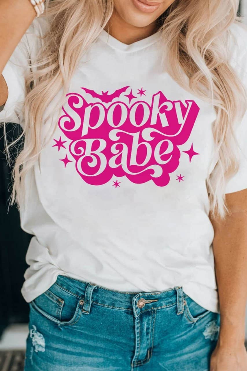 White Spooky Babe Bat Print Halloween Crewneck T Shirt White Spooky Babe Bat Print Halloween Crewneck T Shirt