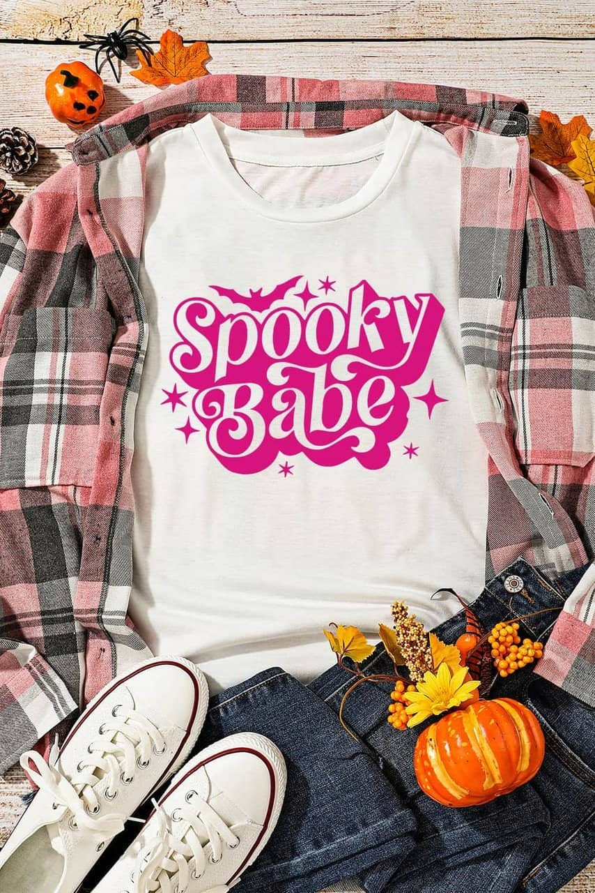 White Spooky Babe Bat Print Halloween Crewneck T Shirt White Spooky Babe Bat Print Halloween Crewneck T Shirt