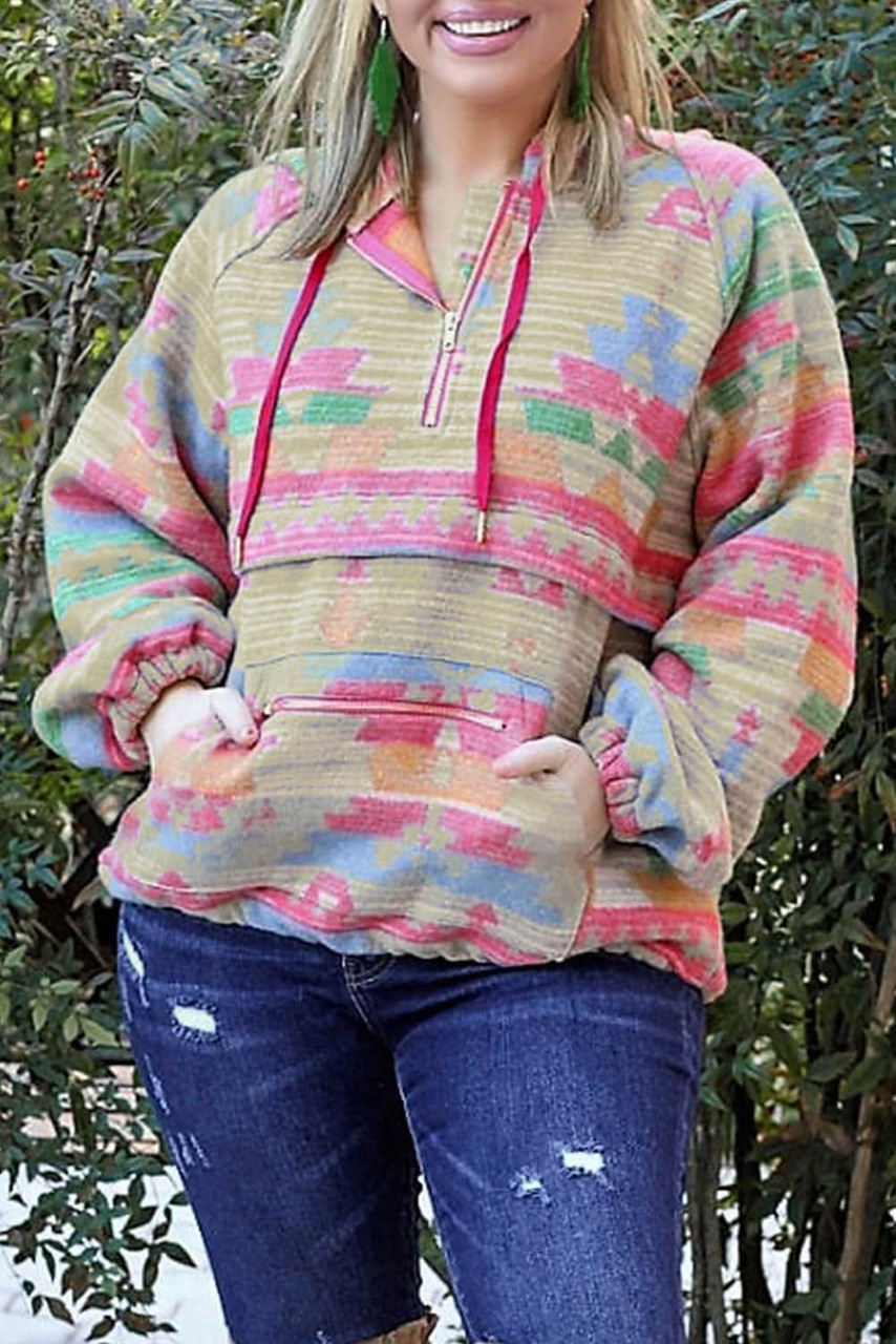 Multicolor Plus Size Western Aztec Geometric Pattern Zip up Hoodie