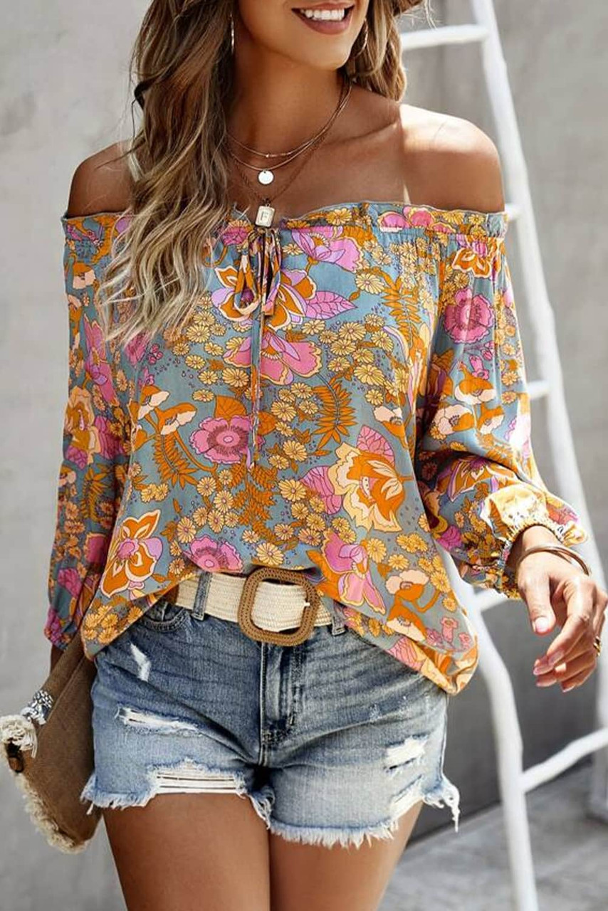 Blue Frilled Off Shoulder Floral Blouse