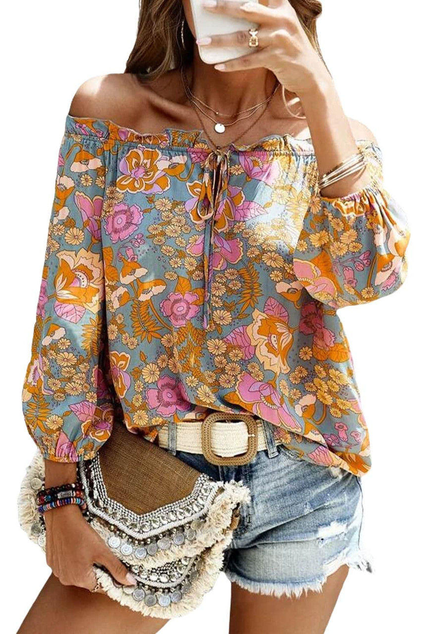 Blue Frilled Off Shoulder Floral Blouse