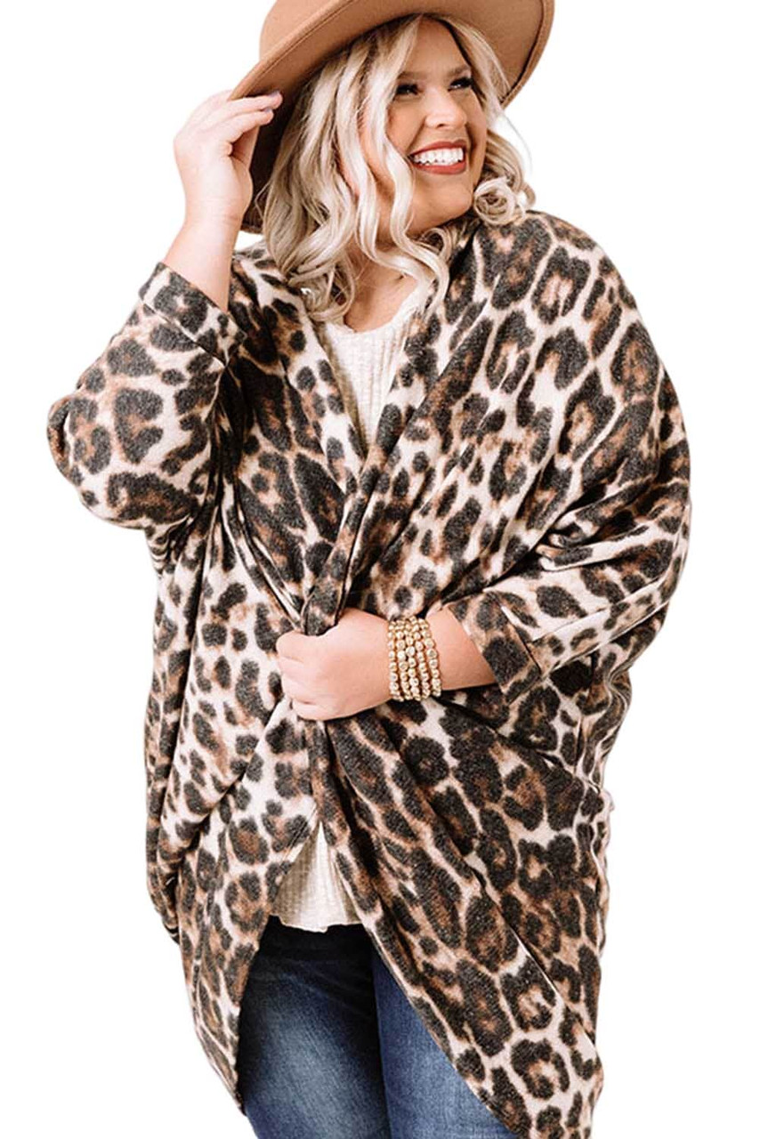 Leopard Plus Size Draped Open Front Cardigan