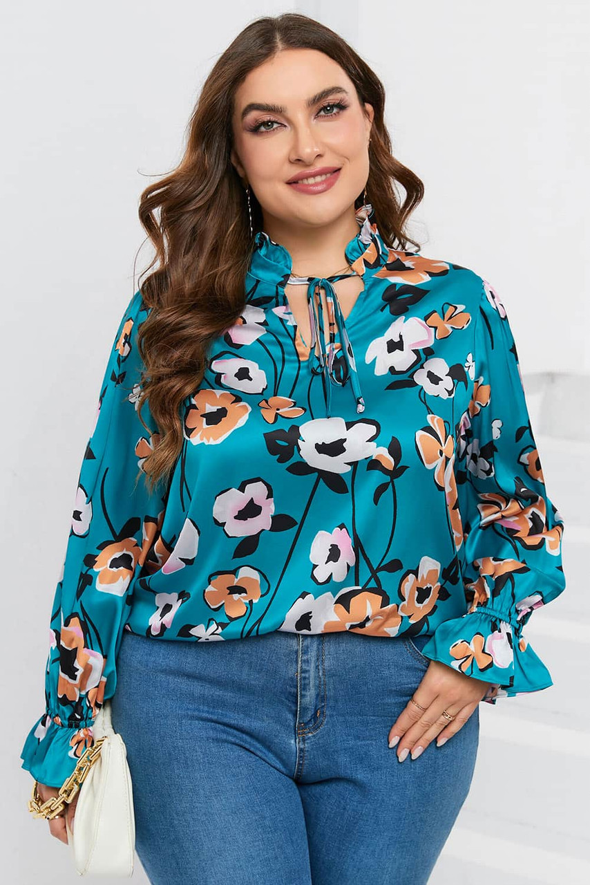 Sky Blue Floral Print V Neck Plus Size Blouse