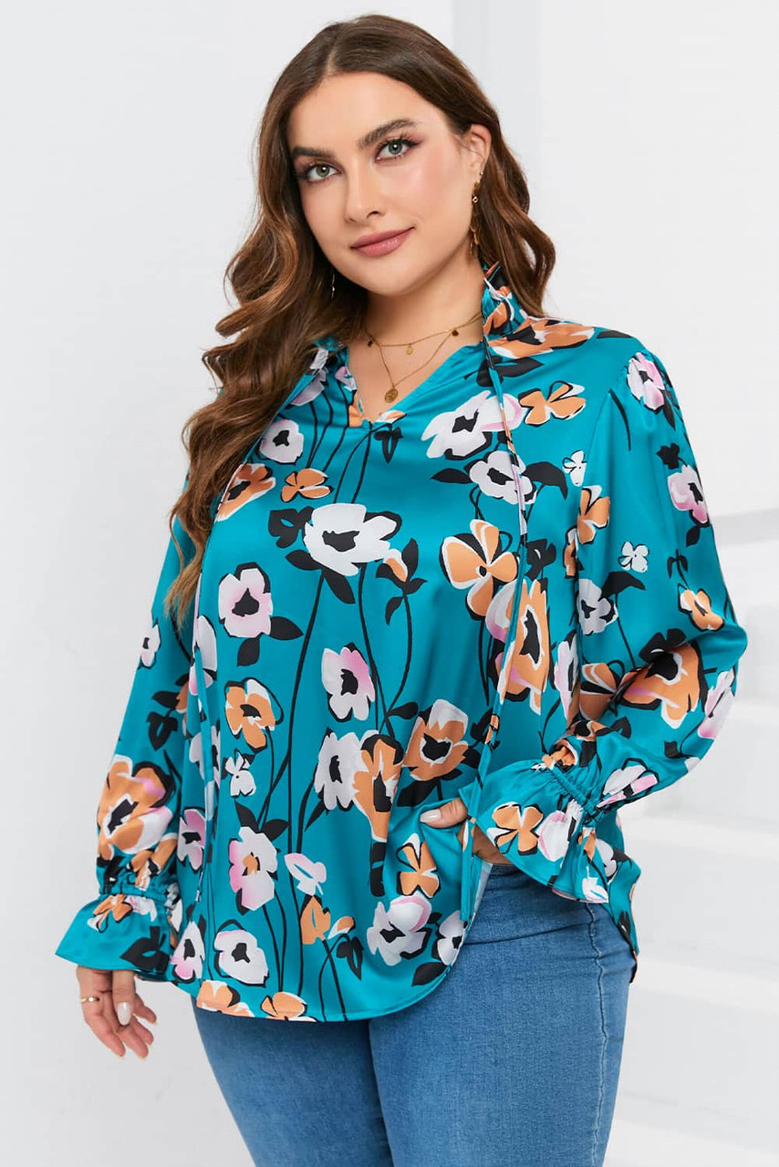 Sky Blue Floral Print V Neck Plus Size Blouse