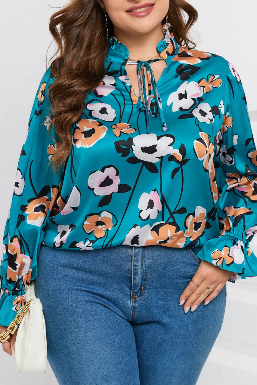 Sky Blue Floral Print V Neck Plus Size Blouse