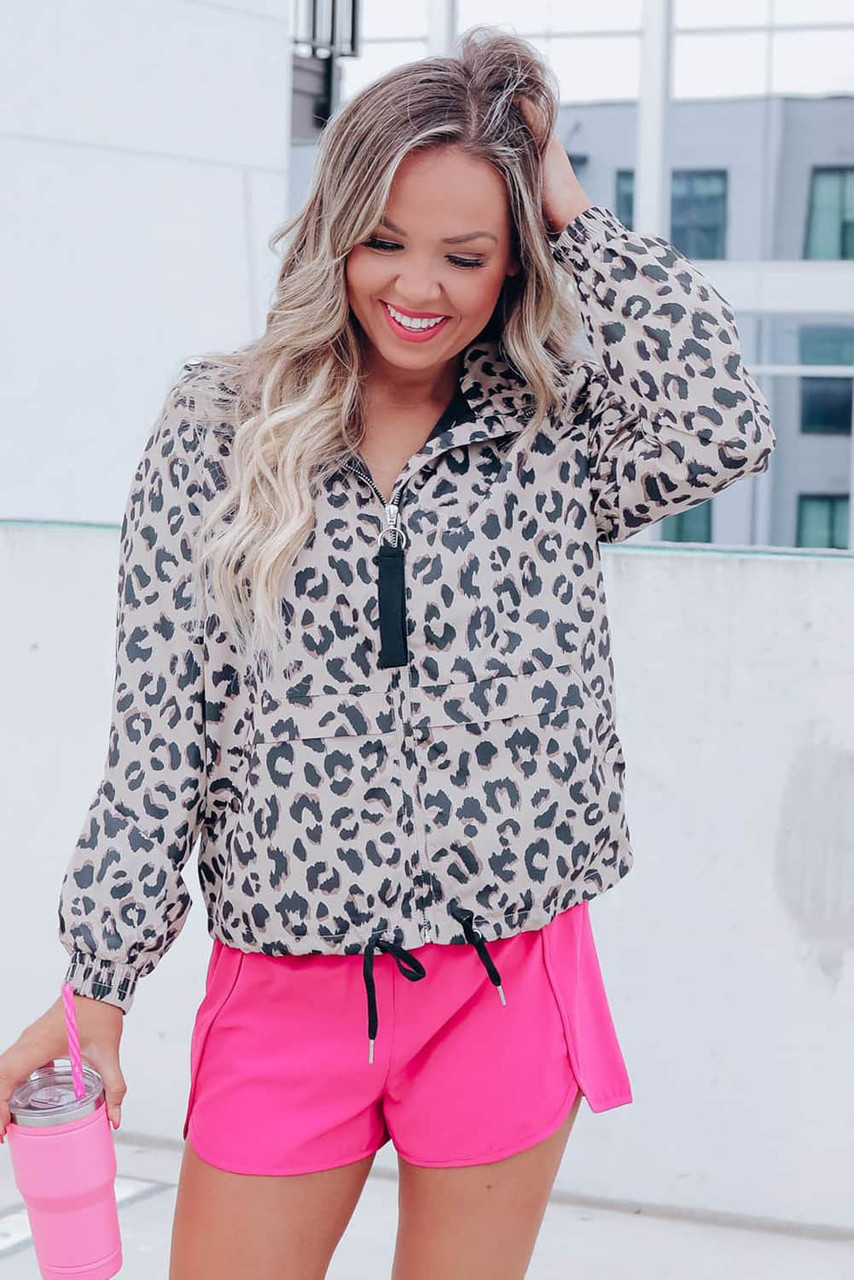 Leopard Zip Up Collared Hooded Windbreaker