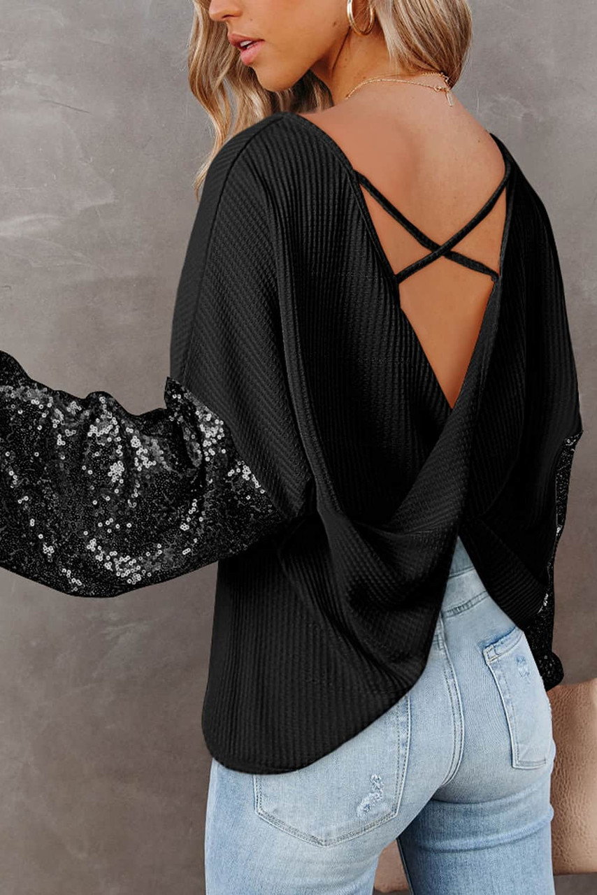 Black Sequin Patchwork Sleeve Open Back Waffle Knit Top