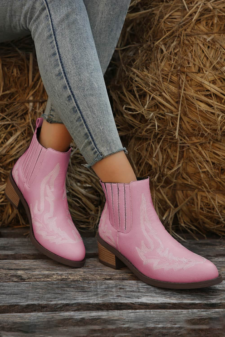 Strawberry Pink Embroidered Leather Thick Heel Booties