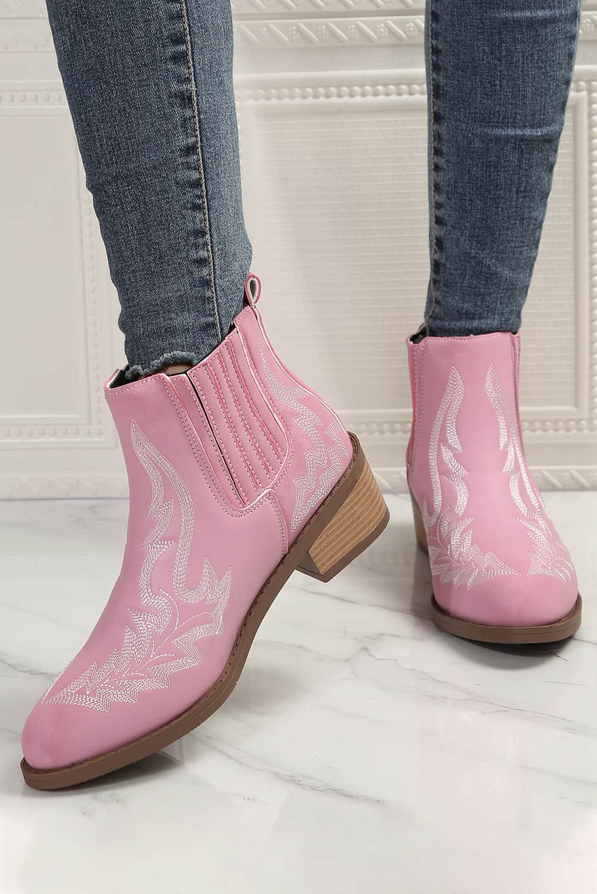 Strawberry Pink Embroidered Leather Thick Heel Booties