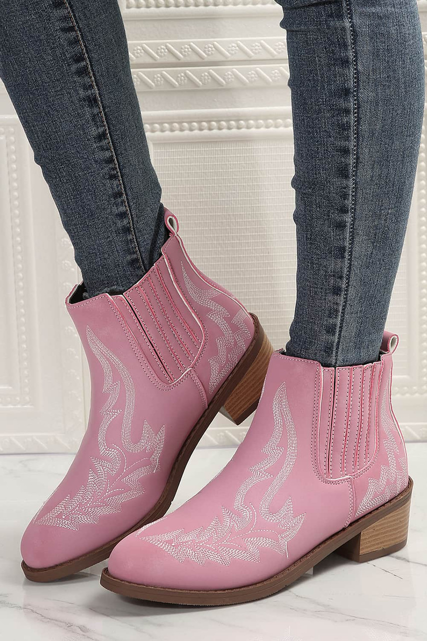 Strawberry Pink Embroidered Leather Thick Heel Booties