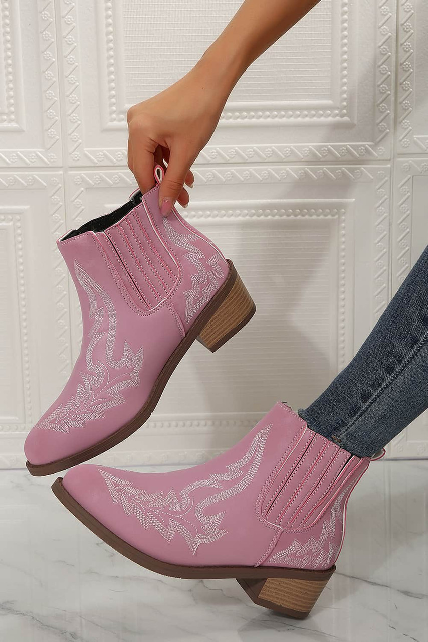 Strawberry Pink Embroidered Leather Thick Heel Booties