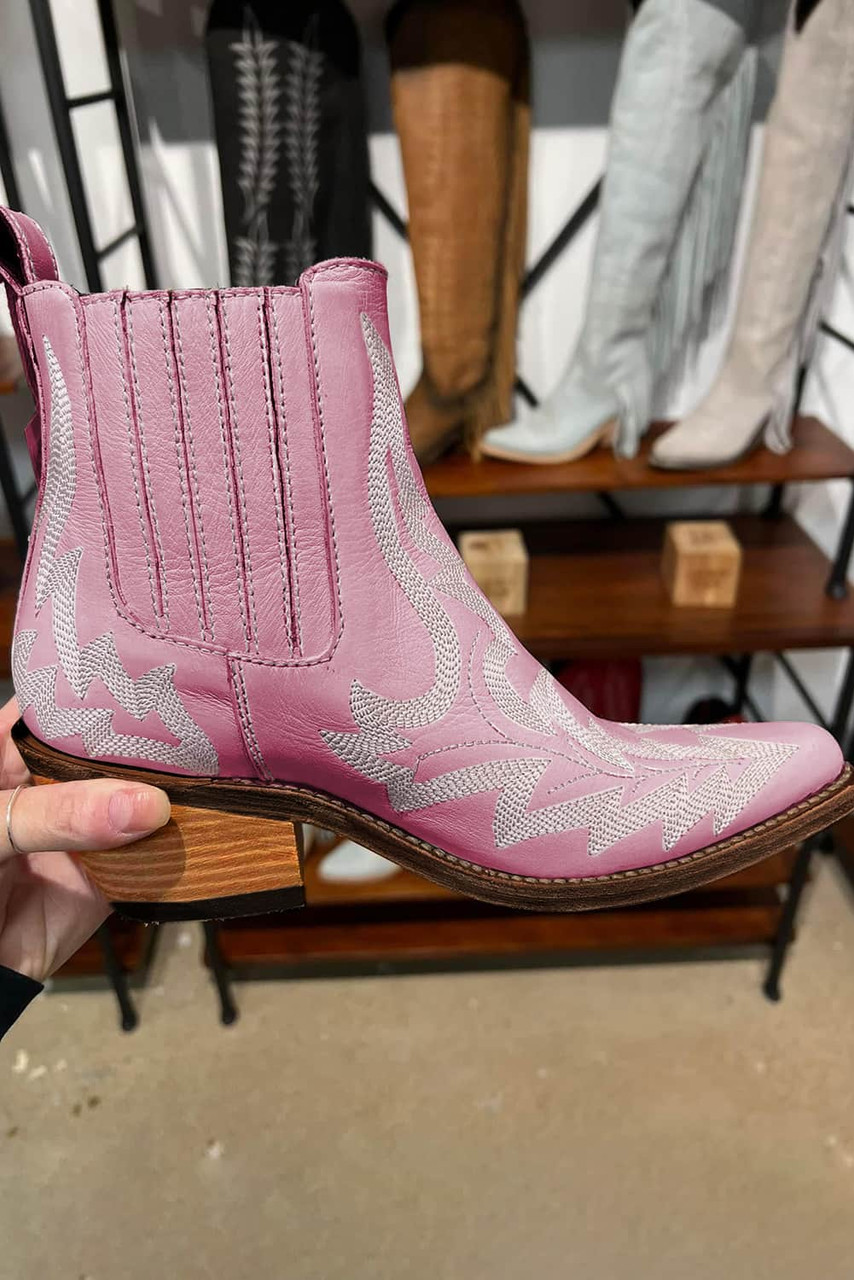 Strawberry Pink Embroidered Leather Thick Heel Booties