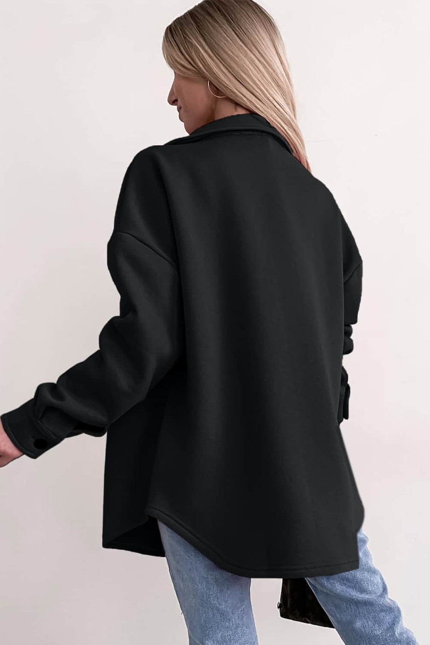 Black Solid Color Pocketed Button up Long Sleeve Shacket